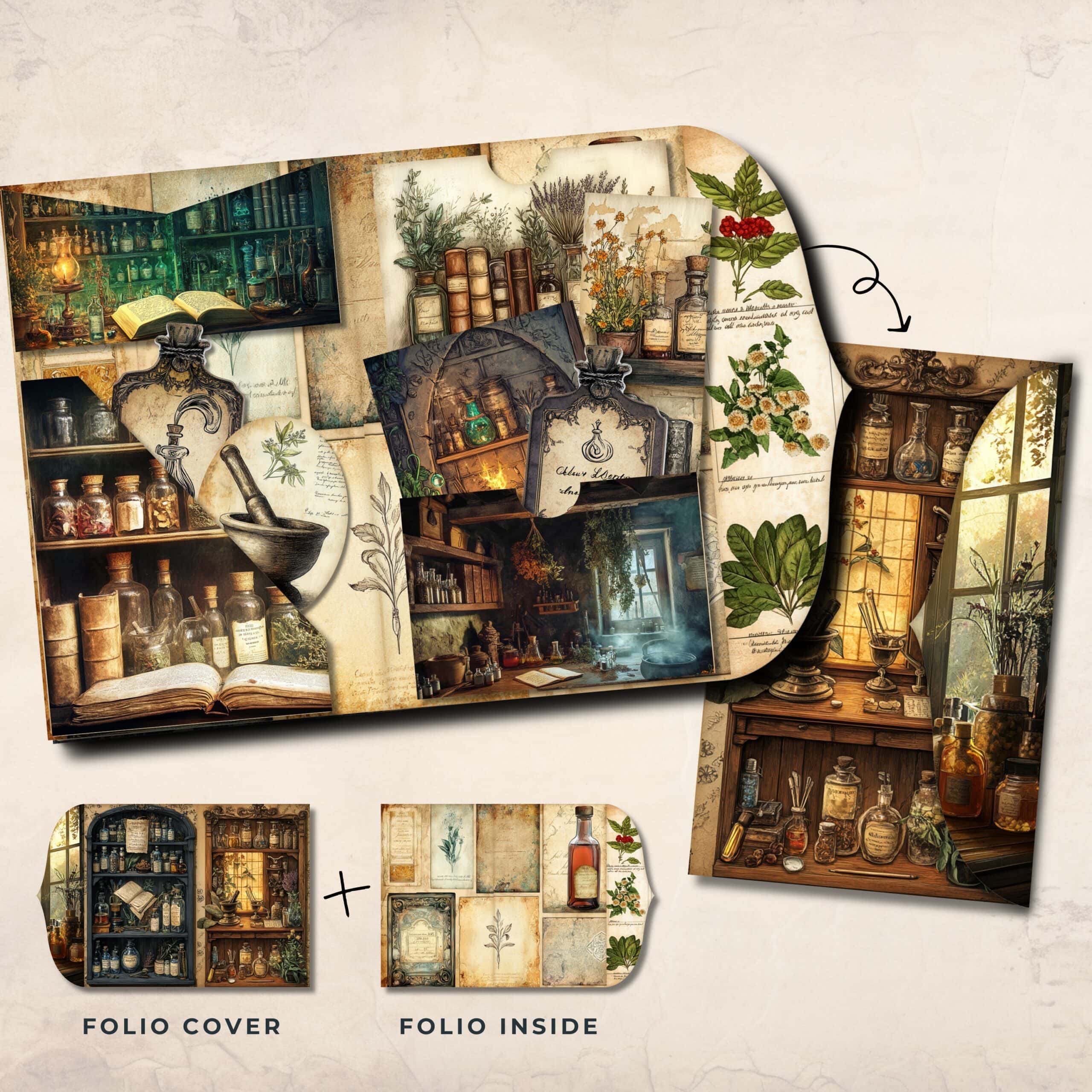 Vintage printable folio kit for junk journals — pockets, flaps, hidden tucks, and layered collage elements.
