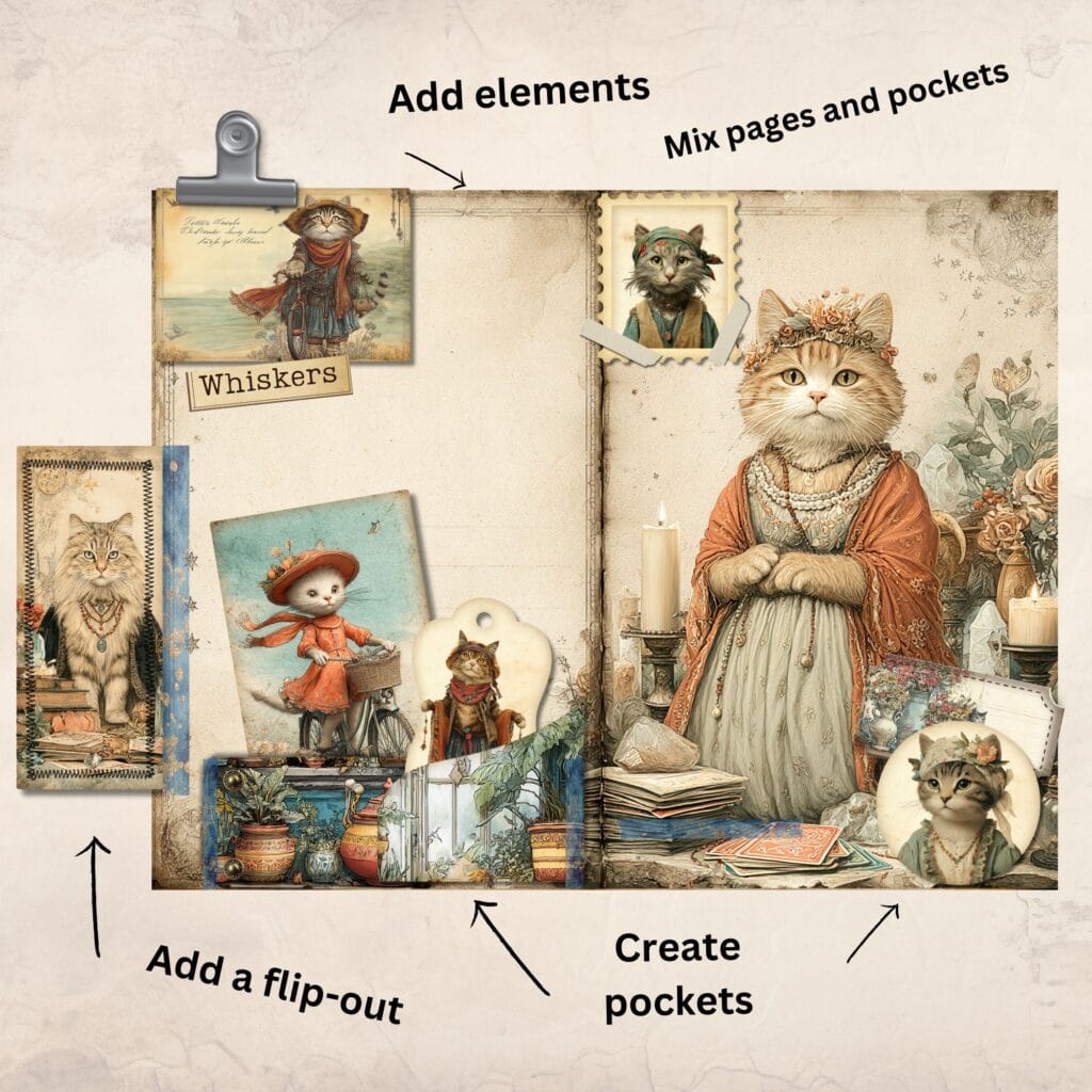 A collage-style layout showing a mix of vintage pages, character illustrations, and customizable elements like pockets and flipouts. Designed as a build-your-own junk journal kit with printable ephemera and storytelling prompts.