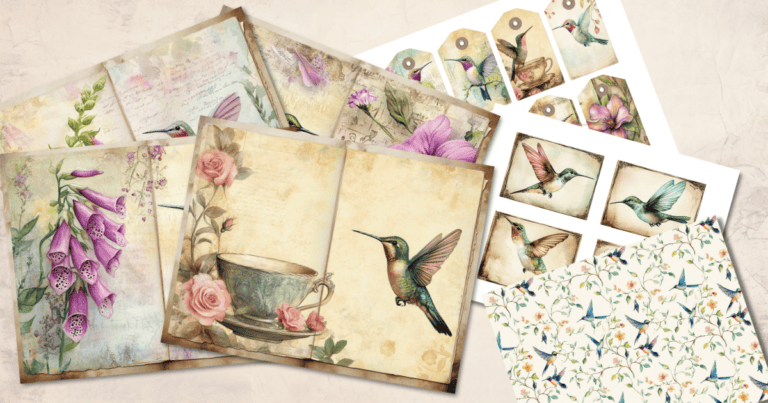 Printable junk journal kit with vintage-style pages, floral backgrounds, journaling cards, tags, and ephemera arranged in a flat lay.