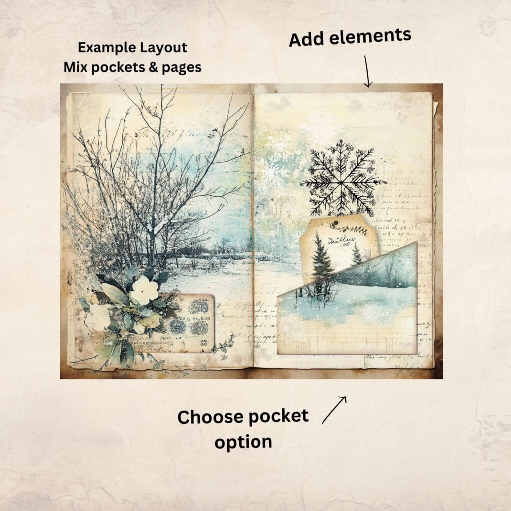 A vintage winter-themed layout showing printable elements pocket and tag, with labeled options for pockets and add-ons. Ideal for seasonal junk journal kits using layered printable ephemera.