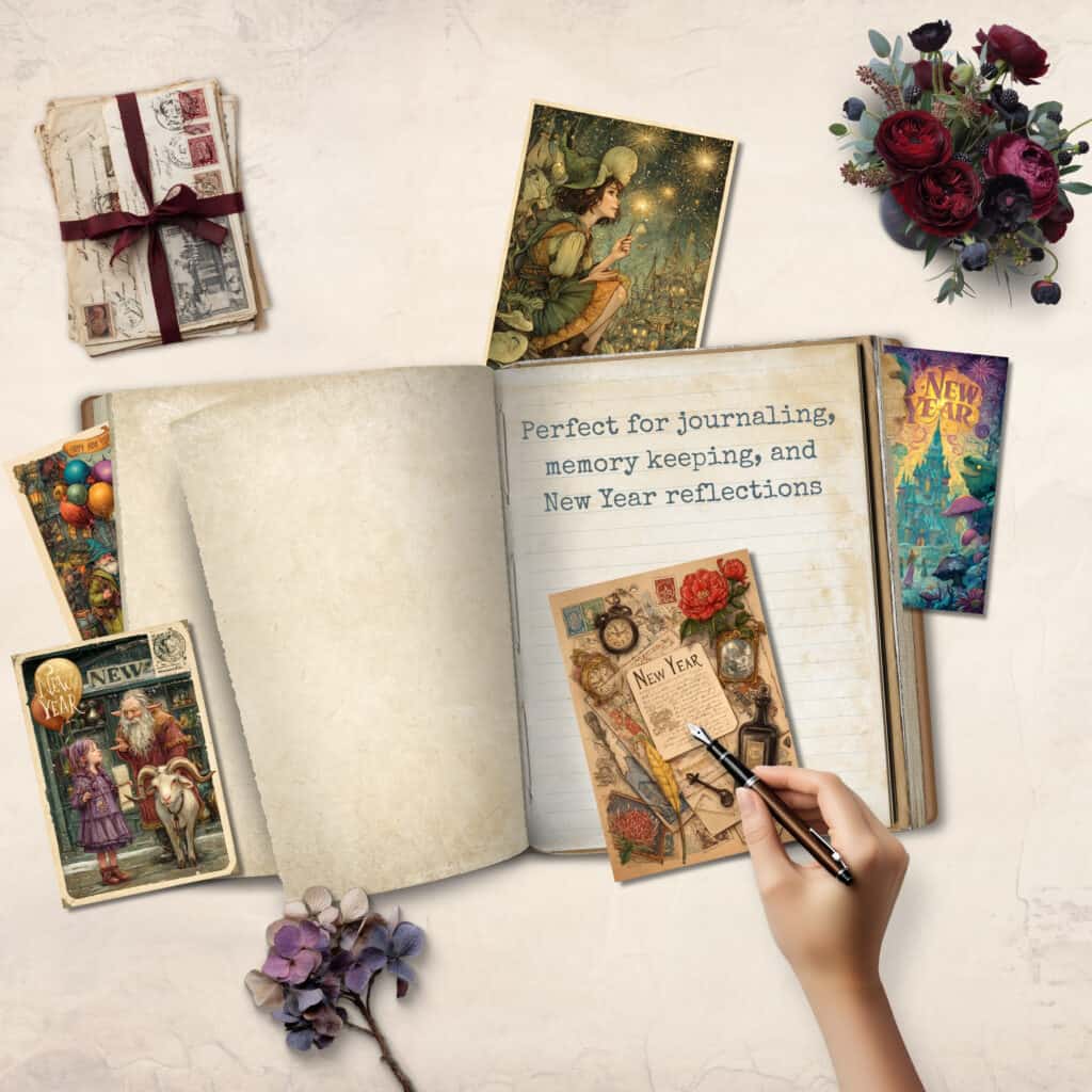 Hand flipping through a vintage-style book with printed ephemera cards and floral decorations nearby. This scene highlights how printable ephemera can be arranged and used within a junk journal kit.