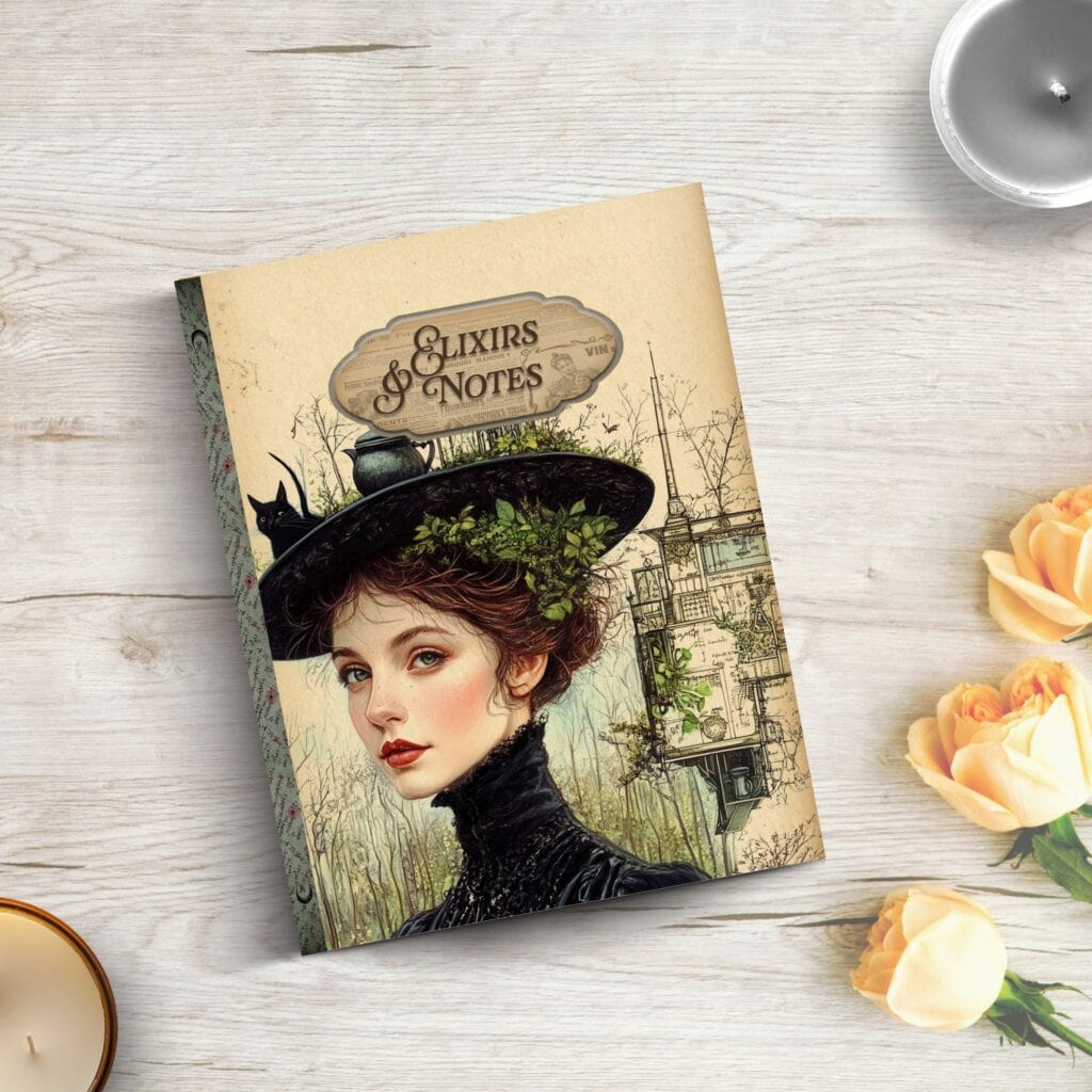 A mockup of a printed junk journal cover and botanical backgrounds.