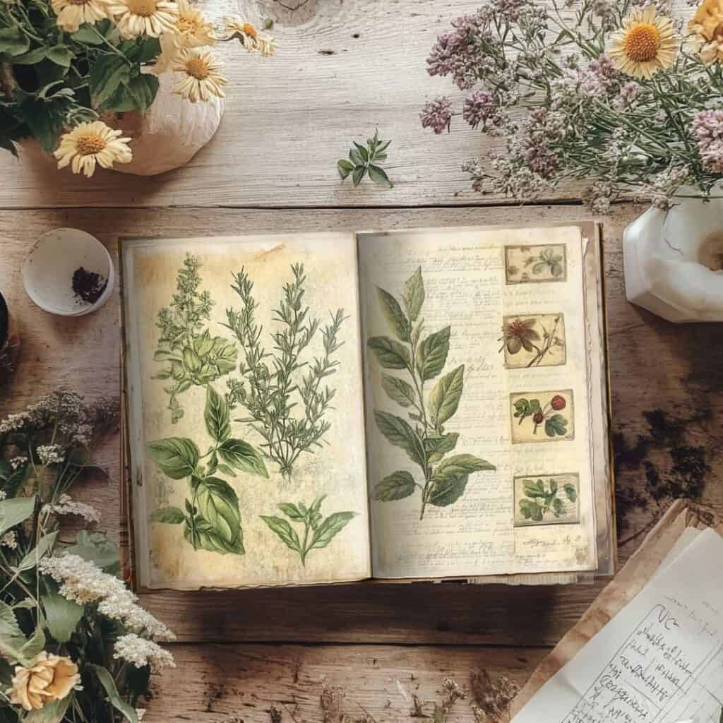 Overhead view of an open vintage-style junk journal featuring botanical illustrations of pressed herbs and flowers, surrounded by scissors and ephemera pieces. A rustic scene styled for a junk journal kit with printable ephemera elements.
