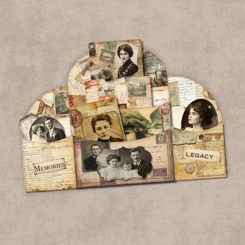 Storytelling in junk journals shown through layered pages, pockets, tags, and visual details without written text. Vintage junk journal folio with nostalgic photos and ephemera