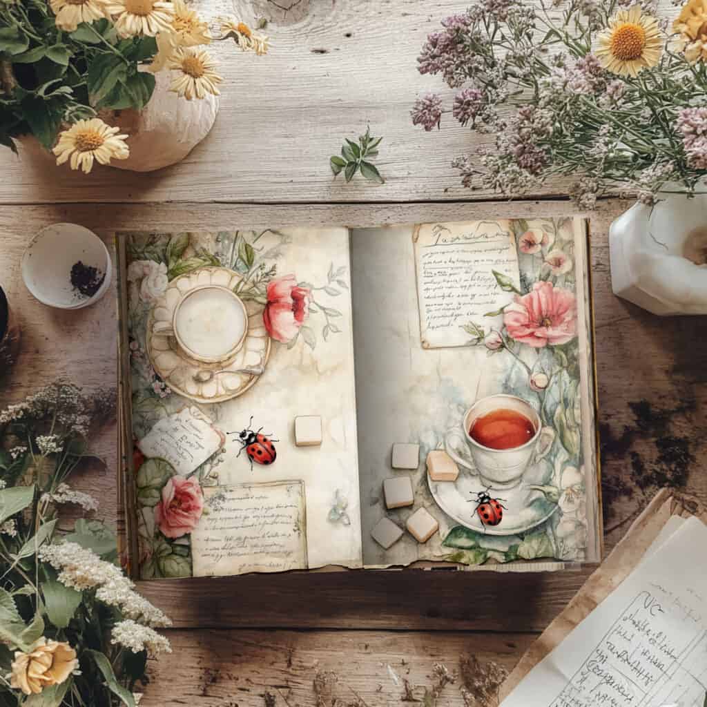 Vintage journal art with flowers and tea, Junk Journals by Darling Chickadee.
