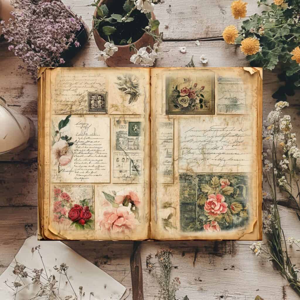 Vintage Junk Journal inspiration with romantic embellishments and paper crafts.