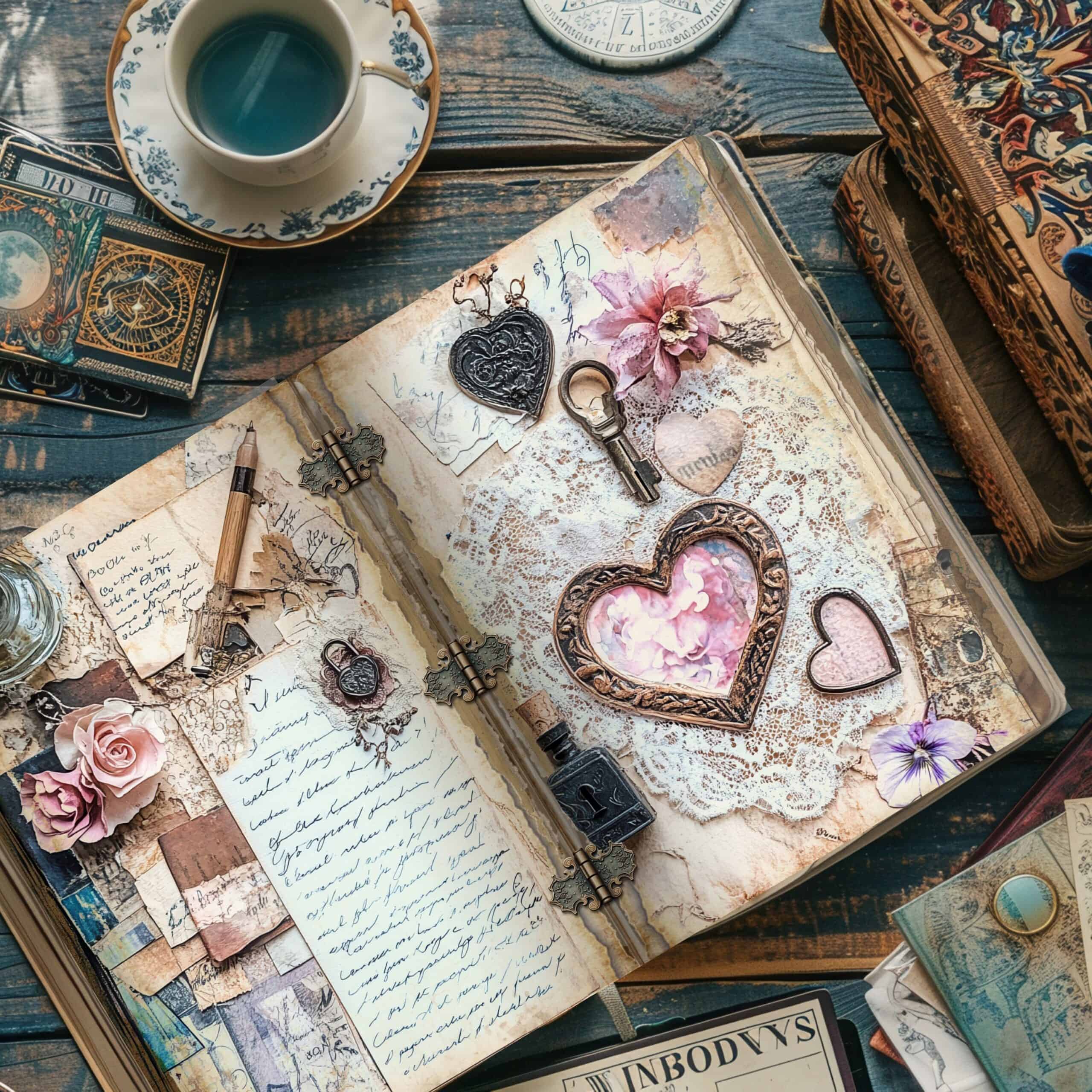 Vintage Junk Journal inspiration with romantic embellishments and paper crafts.