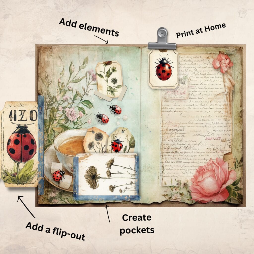 Colorful vintage-inspired floral junk journal page with ladybugs theme and botanical images.
