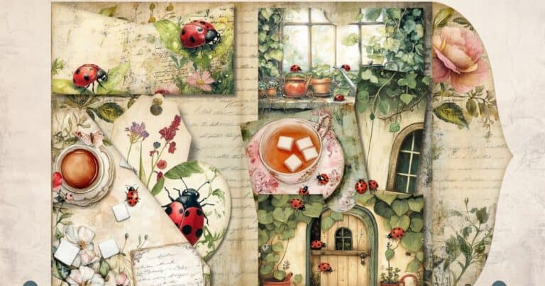 Storytelling junk journal folder with ladybug details, pockets, and illustrated doors and windows