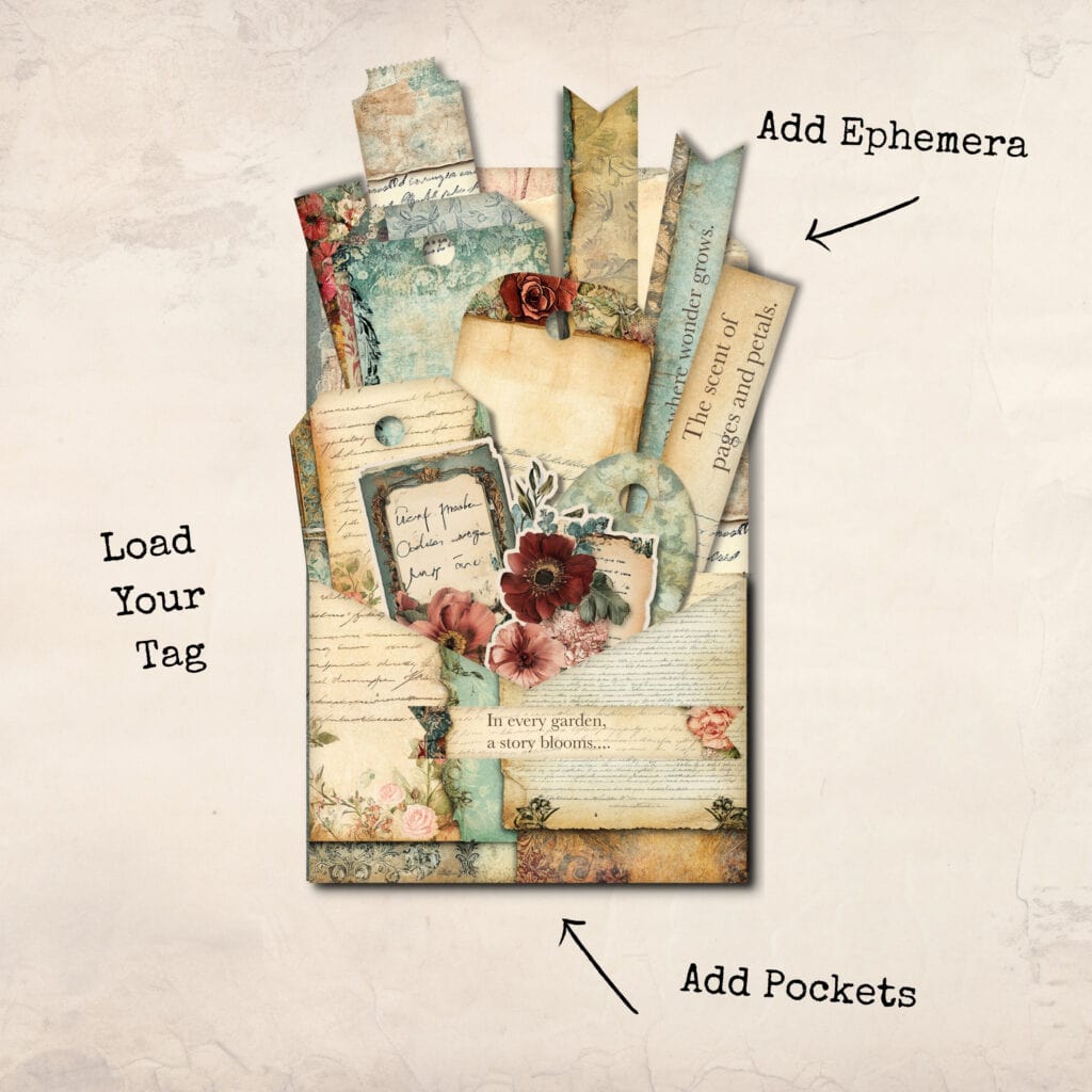 Colorful junk journal ephemera pack, vintage-style paper tags, pockets, and embellishments for scrapbooking.