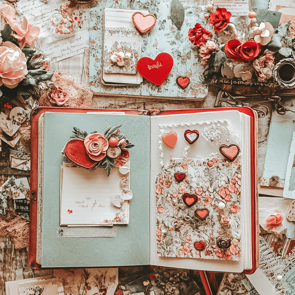 Vintage floral junk journal with layered embellishments and heart accents.