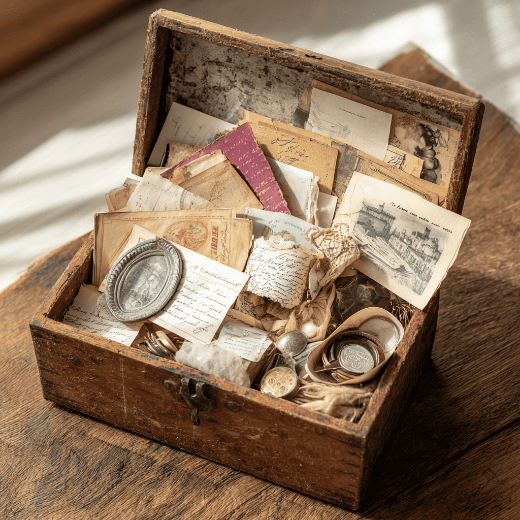 Vintage junk journal supplies in an antique wooden box for creative scrapbooking.