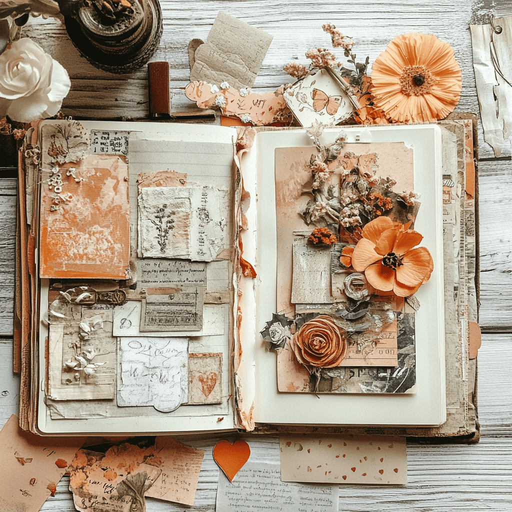 Vintage junk journal page with pressed flowers and mixed media collages.