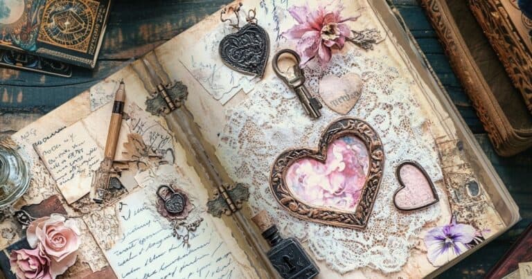 What is a junk journal example showing a handmade spread with layered papers, ephemera, and writing