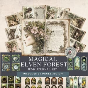 Magical Elven Forest printable junk journal kit with woodland-inspired journal pages, vintage textures, pockets, tags, ephemera, butterflies, mushrooms, and fantasy forest elements.