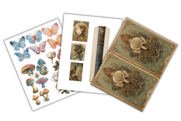Free Elven Forest printable companion set with fantasy journal covers, butterfly and mushroom fussy cuts, and woodland-inspired ephemera pages.